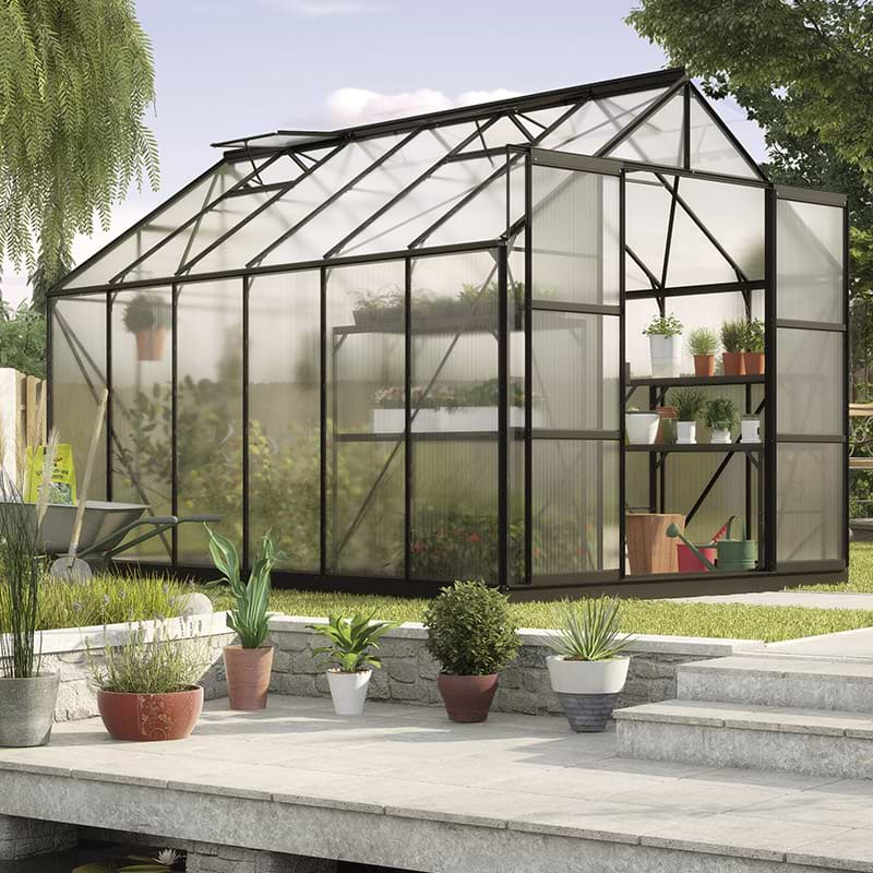 Sort drivhus med 6 mm polycarbonat