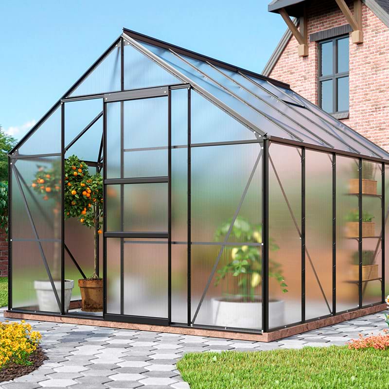 Drivhus i sort med polycarbonat