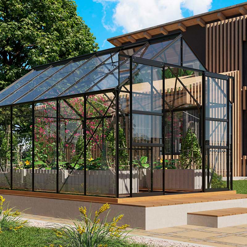 Drivhus sort fra vitavia med 3 mm delt glas