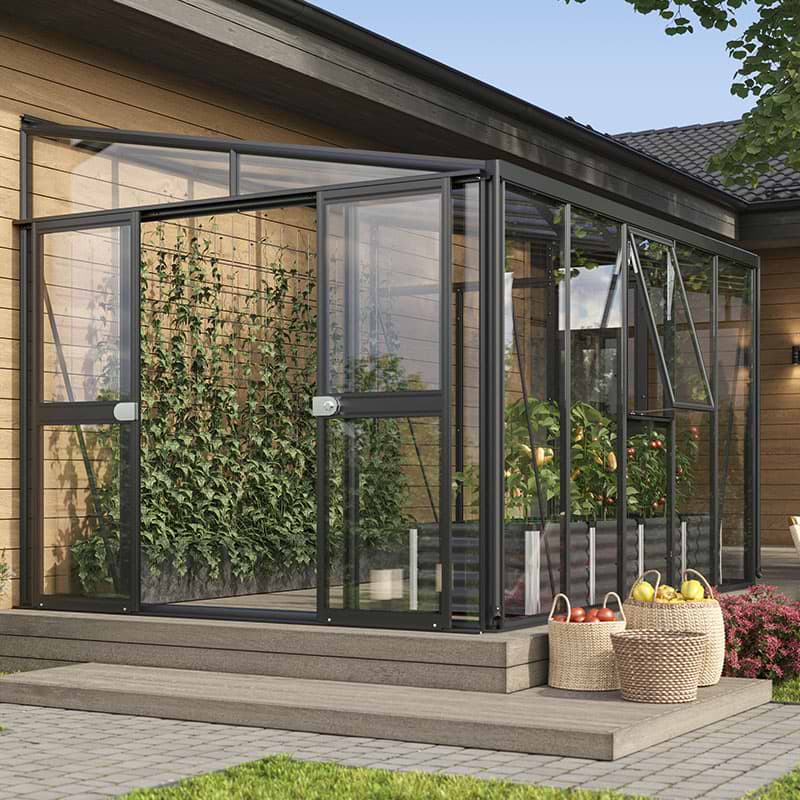 sort vægdrivhus med hærdet glas