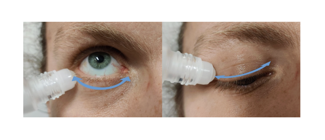 Application de l'huile de ricin pressée à froid via un flacon dédié de 10 ml équipé d’un applicateur à bille sur la peau des paupières supérieures et inférieures, en dehors de la ligne des cils.