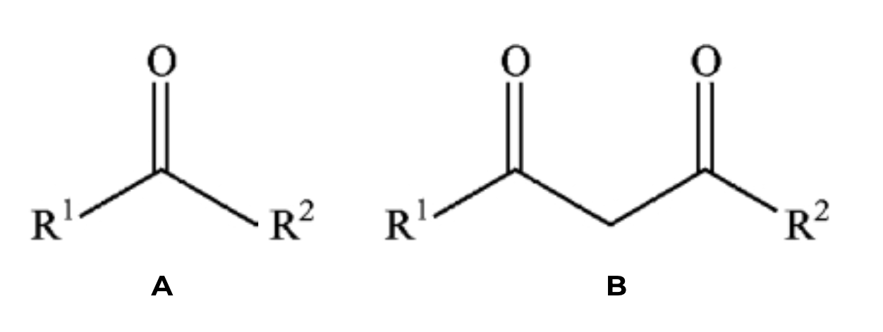 Structures chimiques d'une cétone (A) et d'une dicétone (B).