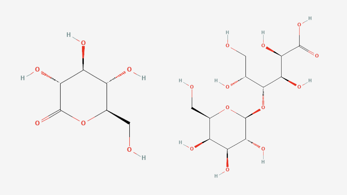 Structures chimiques de la gluconolactone (gauche) et de l'acide lactobionique (droite).