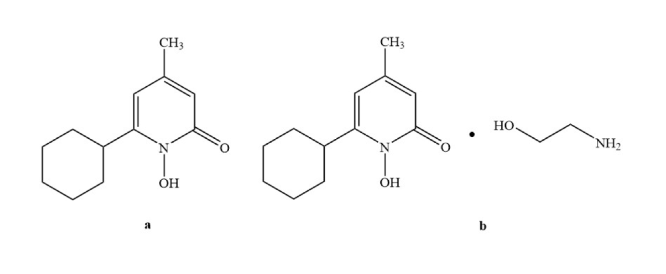 La structure chimique du ciclopirox (a) et du ciclopirox olamine (b).