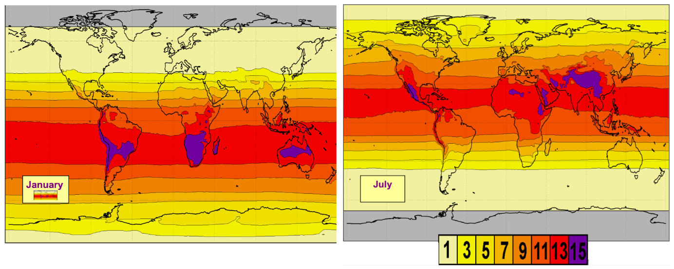 Indice UV moyen dans le monde en janvier et en juillet.
