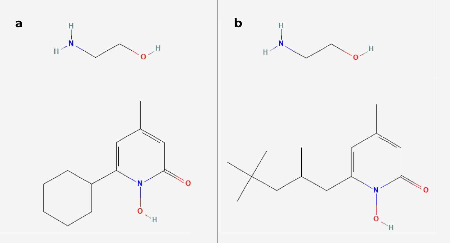 Structures chimiques du ciclopirox olamine (a) et de la piroctone olamine (b).