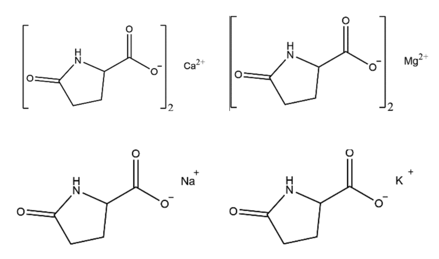 Les structures chimiques des différents sels de PCA (de gauche à droite et de haut en bas : Calcium PCA, Magnesium PCA, Sodium PCA, Potassium PCA).