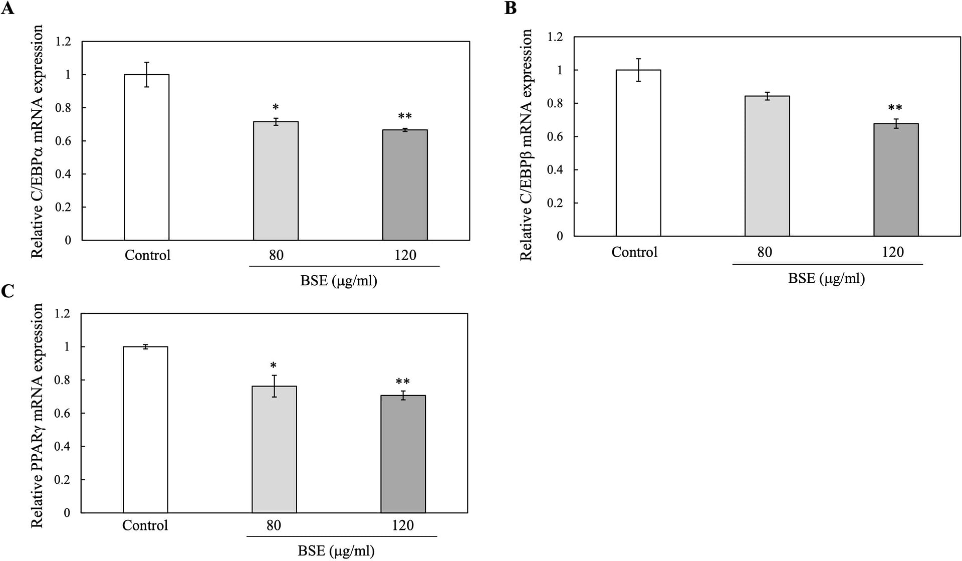 Effets d'un extrait méthanolique de graines de cumin noir (BSE) sur différents facteurs de l'adipogenèse.