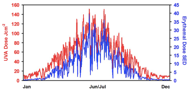 Quantité d'UVA et d'UVB atteignant la surface de la Terre tout au long de l'année.