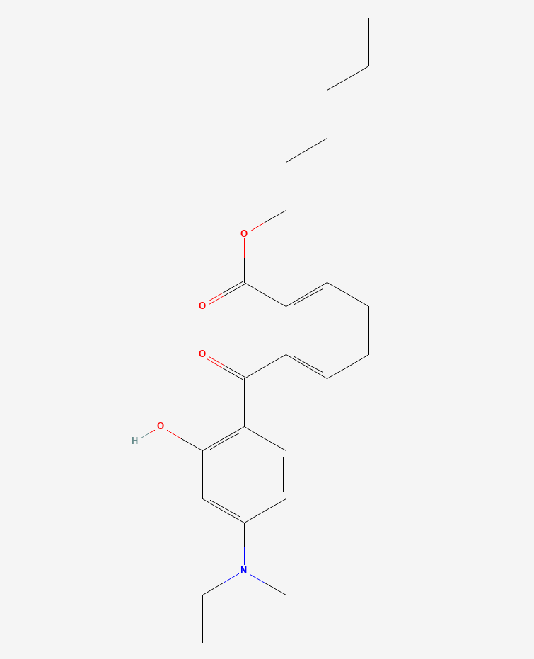 Structure chimique du benzoate de diéthylamino hydroxybenzoyl hexyl.