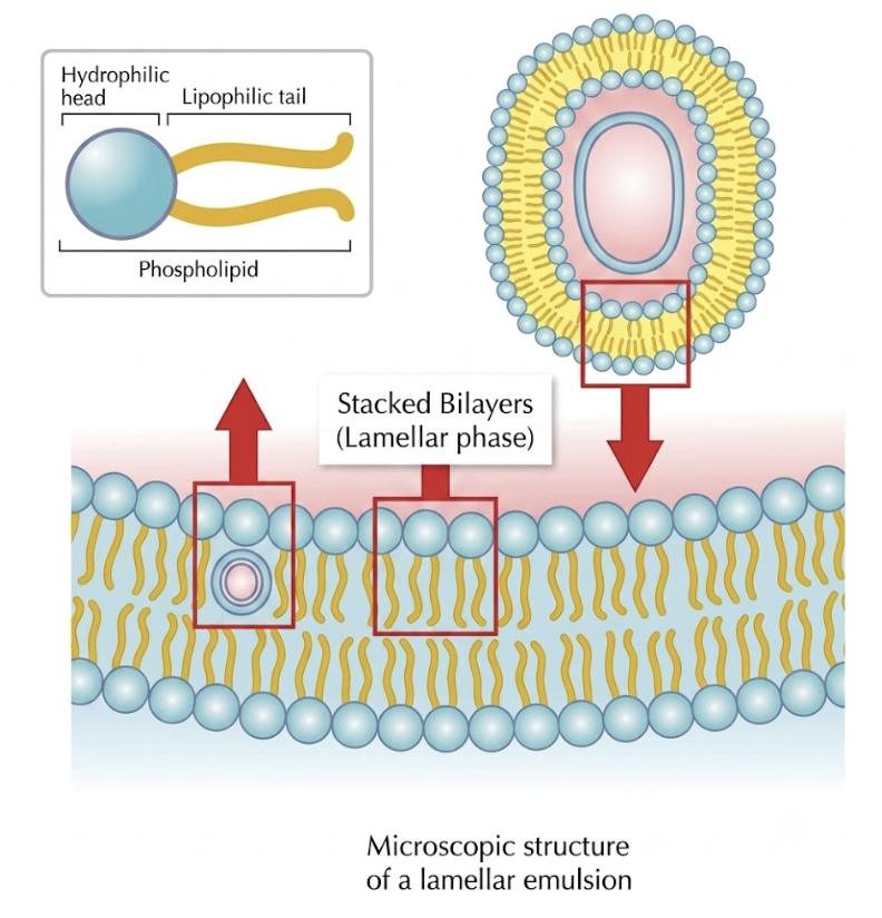 Représentation de la structure d'une émulsion lamellaire.