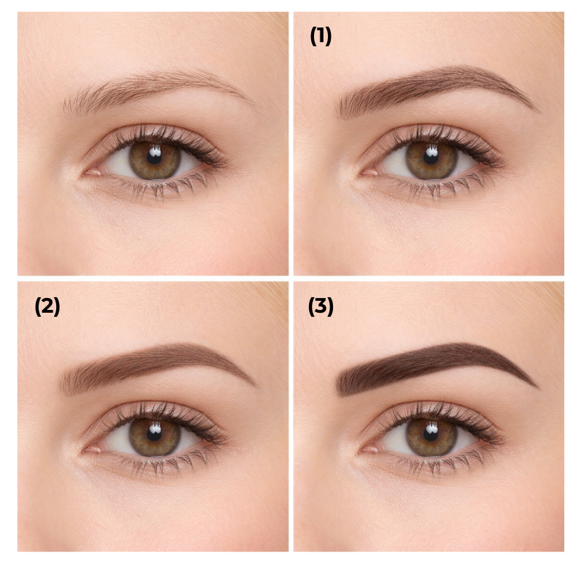 Illustration de différentes techniques de maquillage semi-permanent des sourcils, avec du microblading (1), du microshading (2) et du tatouage (3).
