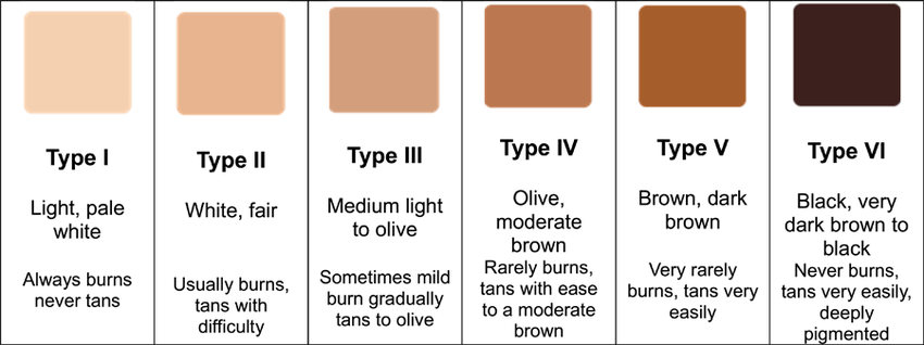 Les 6 phototypes selon la classification de Fitzpatrick et leur capacité à bronzer.