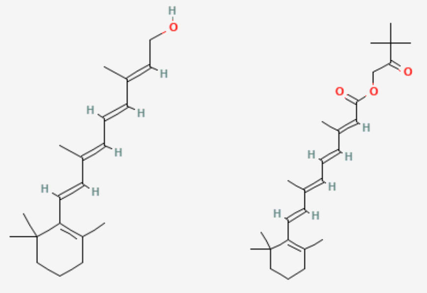 Structures chimiques du rétinol (gauche) et du rétinoate d'hydroxypinacolone (droite).