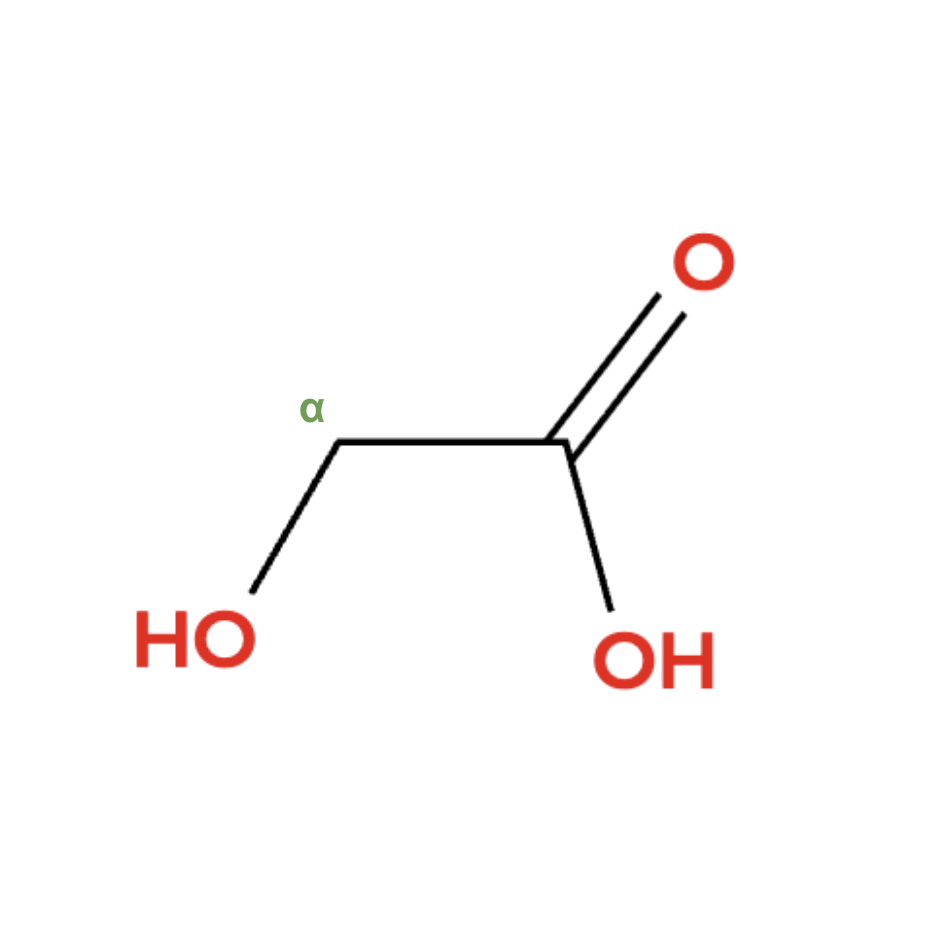 <h3>Acides <b>α-hydroxylés (AHA)</b></h3><p><b>Formule chimique : </b>R-C(OH)-COOH