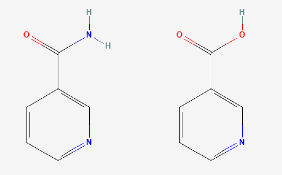Structures chimiques de la niacinamide (à gauche) et de la niacine (à droite).