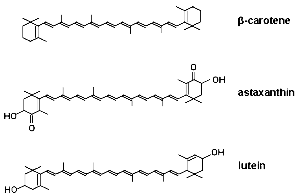 Structure chimique de l'astaxanthine et de certains caroténoïdes.