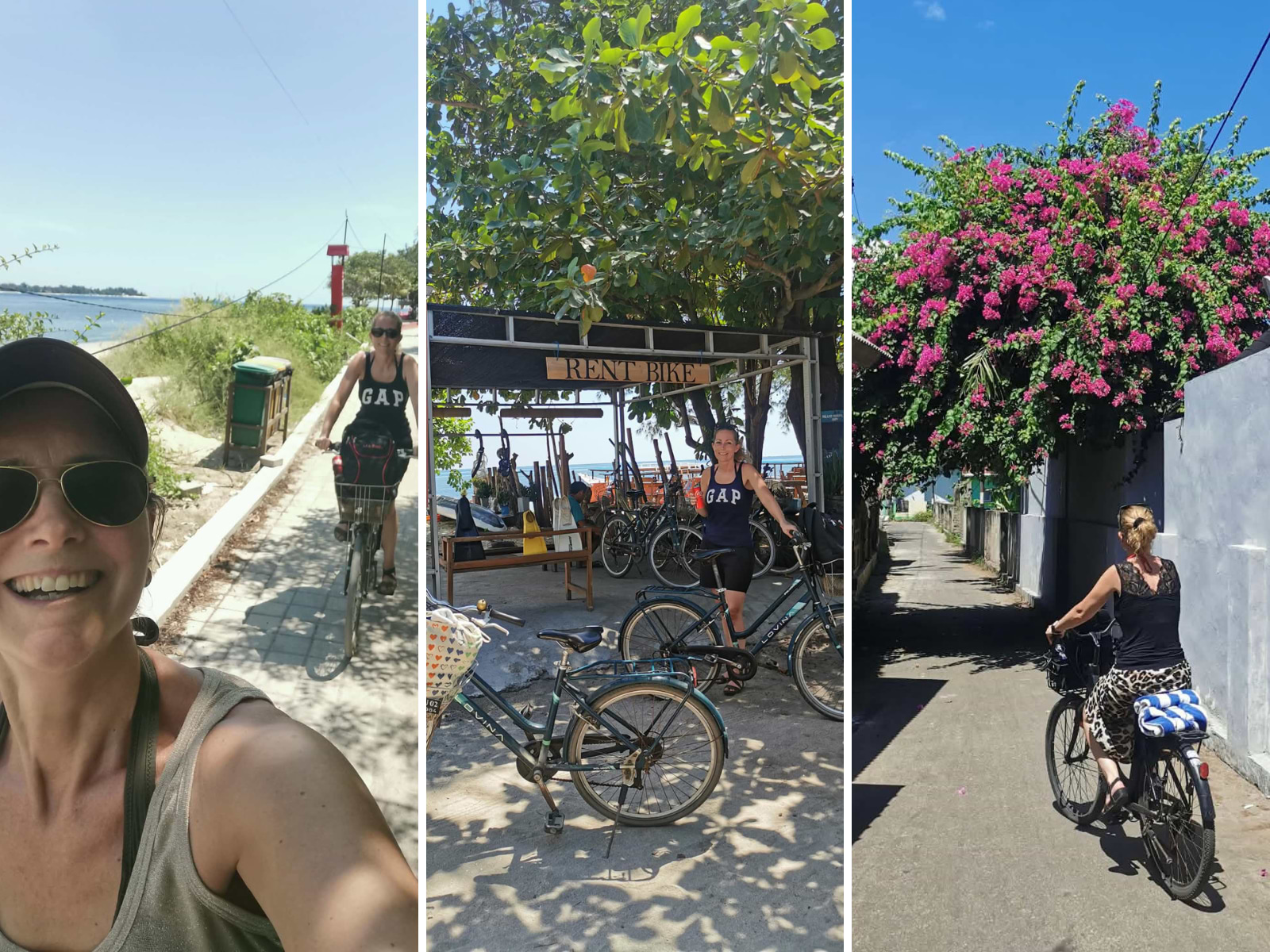 Fotovollage: Tre billeder fra rejseekspertens cykeltur rundt på Gili