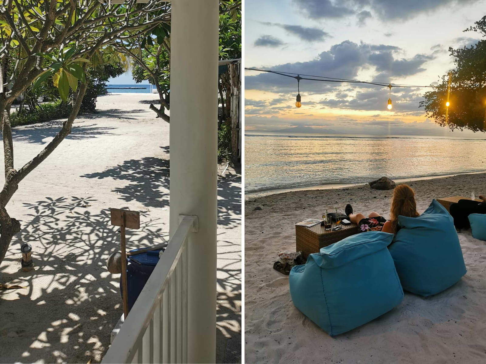 To-delt billede: Udsigt til strand fra bungalow på Gili-øerne og udsigt til solnedgang og afslapning fra strandkanten
