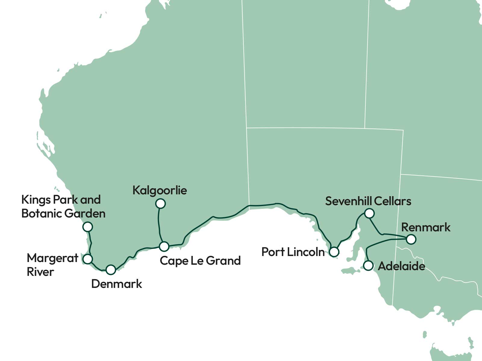 Kort over ruten Across the Nullarbor i det sydlige Australien