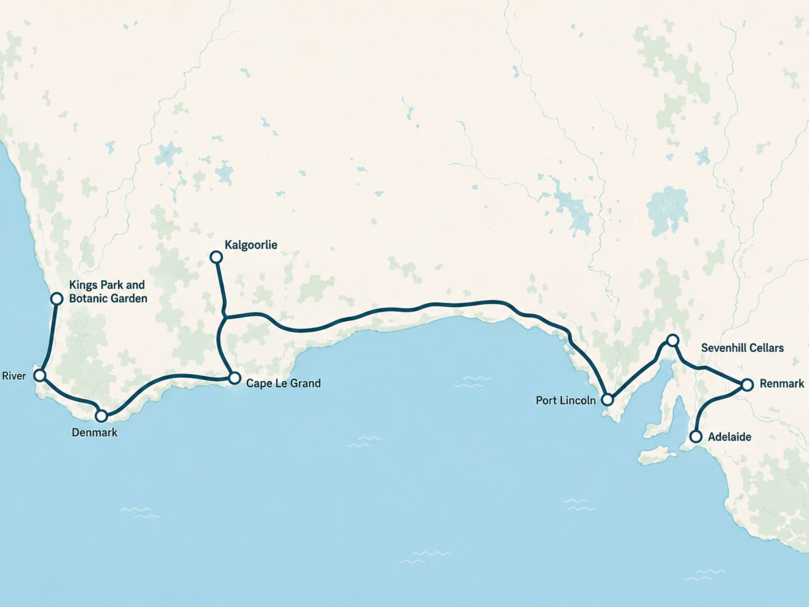Kort over ruten Across the Nullarbor i det sydlige Australien Kort over ruten Across the Nullarbor i det sydlige Australien