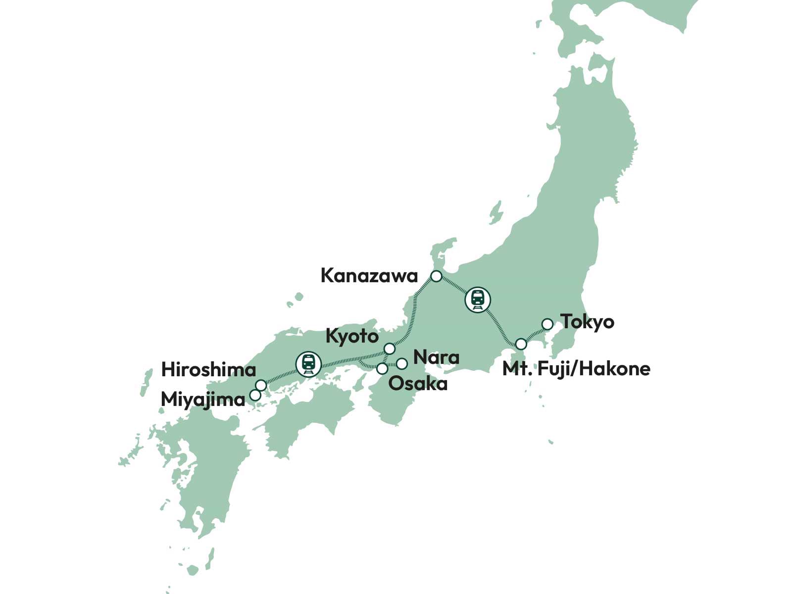 Kort over rejserute i Japan fra Tokyo til Kyoto
