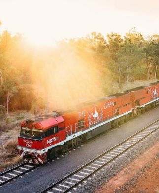 Det røde lokomotiv på The Ghan på skinner i den australske natur