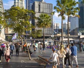Menneskemængde gående i Circular Quay Sydney, Australien