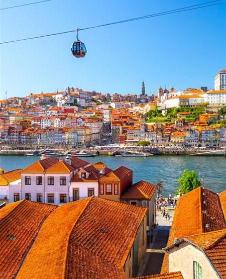 Udsigt over floden og kabelbanen i Porto, Portugal