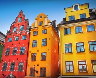 Farvestrålende husfacader i Stockholm, Sverige