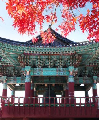 Flot tempel med efterårsløv på Tohamsan-bjerget, hvor den lille Seokguram-grotte ligger, Sydkorea Flot tempel med efterårsløv på Tohamsan-bjerget, hvor den lille Seokguram-grotte ligger, Sydkorea