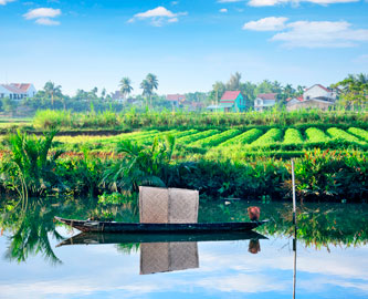 En båd på en flod med et frodigt landskab i baggrunden, Mekongdeltaet, Vietnam