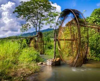 Bambusvandmølle i Pu Luong, Thanh Hoa-provinsen i Vietnam