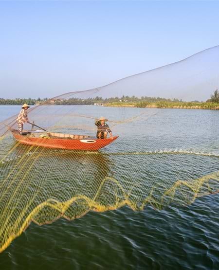 Lokal fisker med net på Thu Bồn-floden, Vietnam Lokal fisker med net på Thu Bồn-floden, Vietnam
