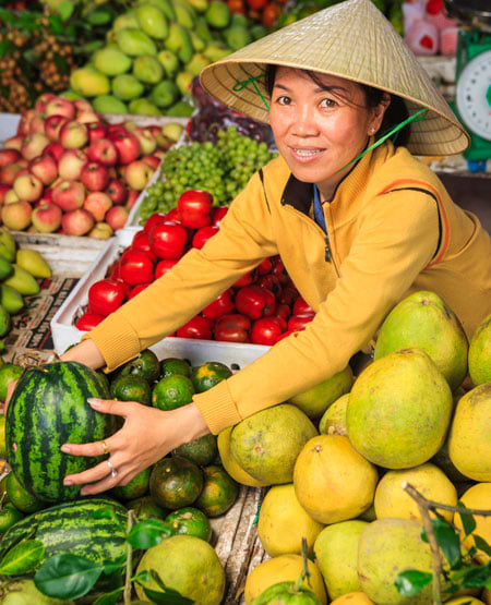 Marked i Vietnam Frugter og vietnamesisk kvinde på Marked i Vietnam