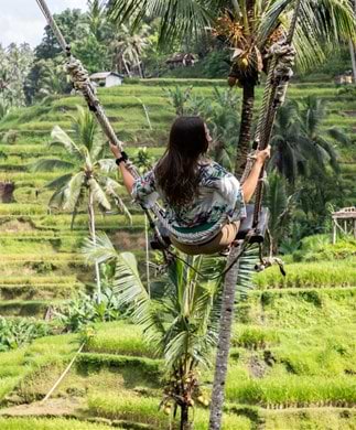 Risterrasser ved Ubud på Bali Kvinde der gynger højt over risterrasserne ved Ubud på Bali