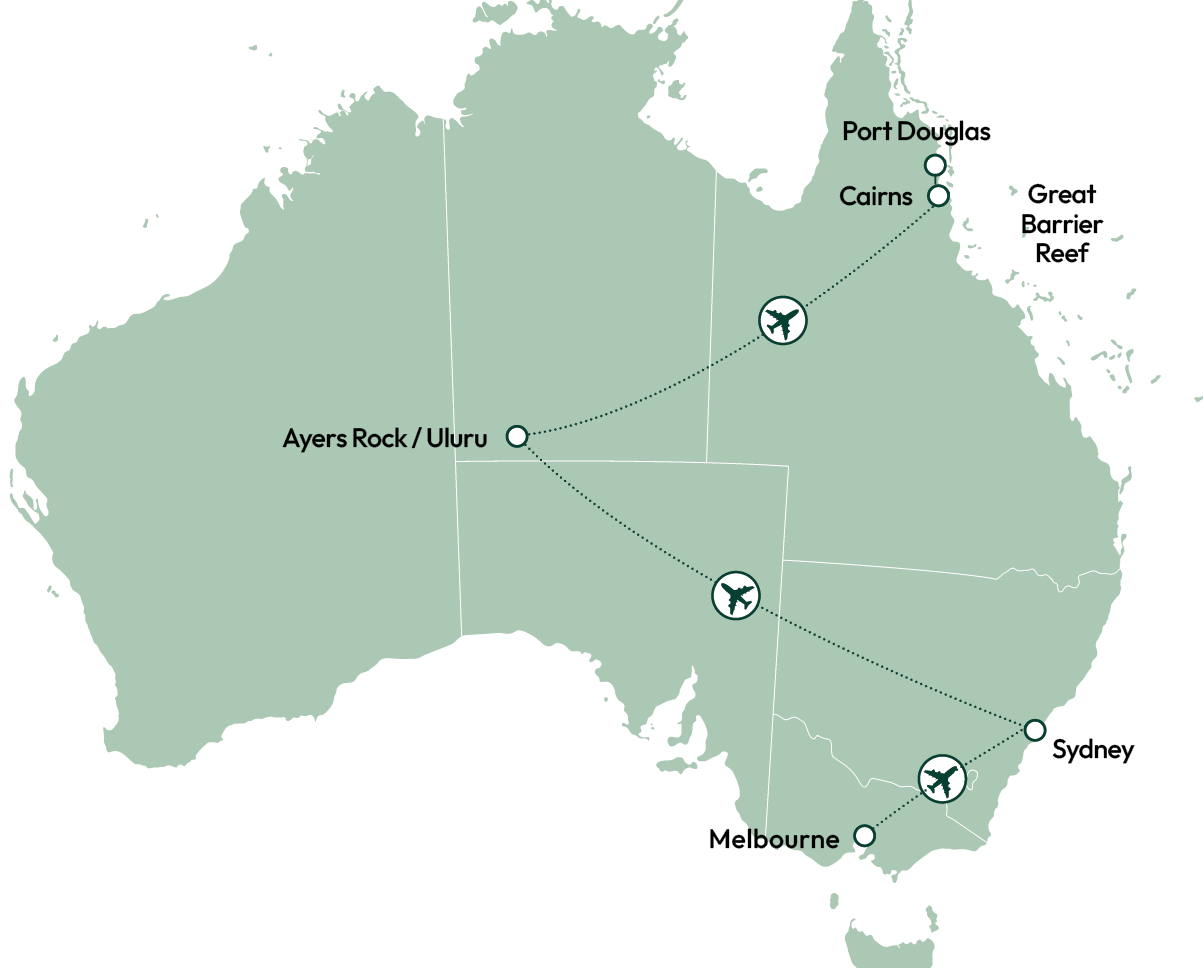 Kort over rejseruten Melbourne, Sydney, Uluru og Port Douglas i Australien