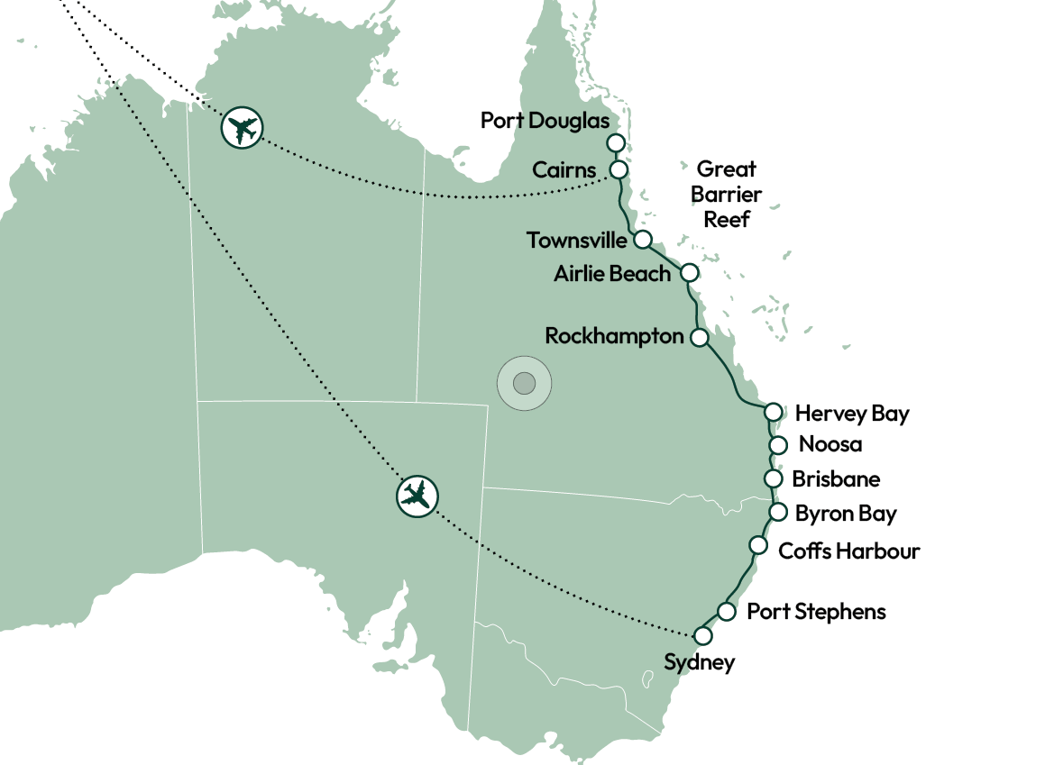 Kort over rejse i Australien