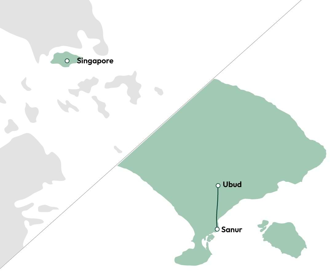 Kort over rejse til bali og Singapore