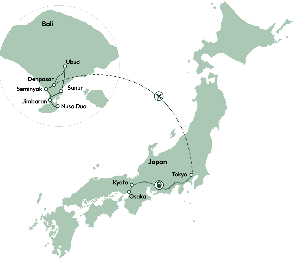 Kort over rejse til Bali og Japan