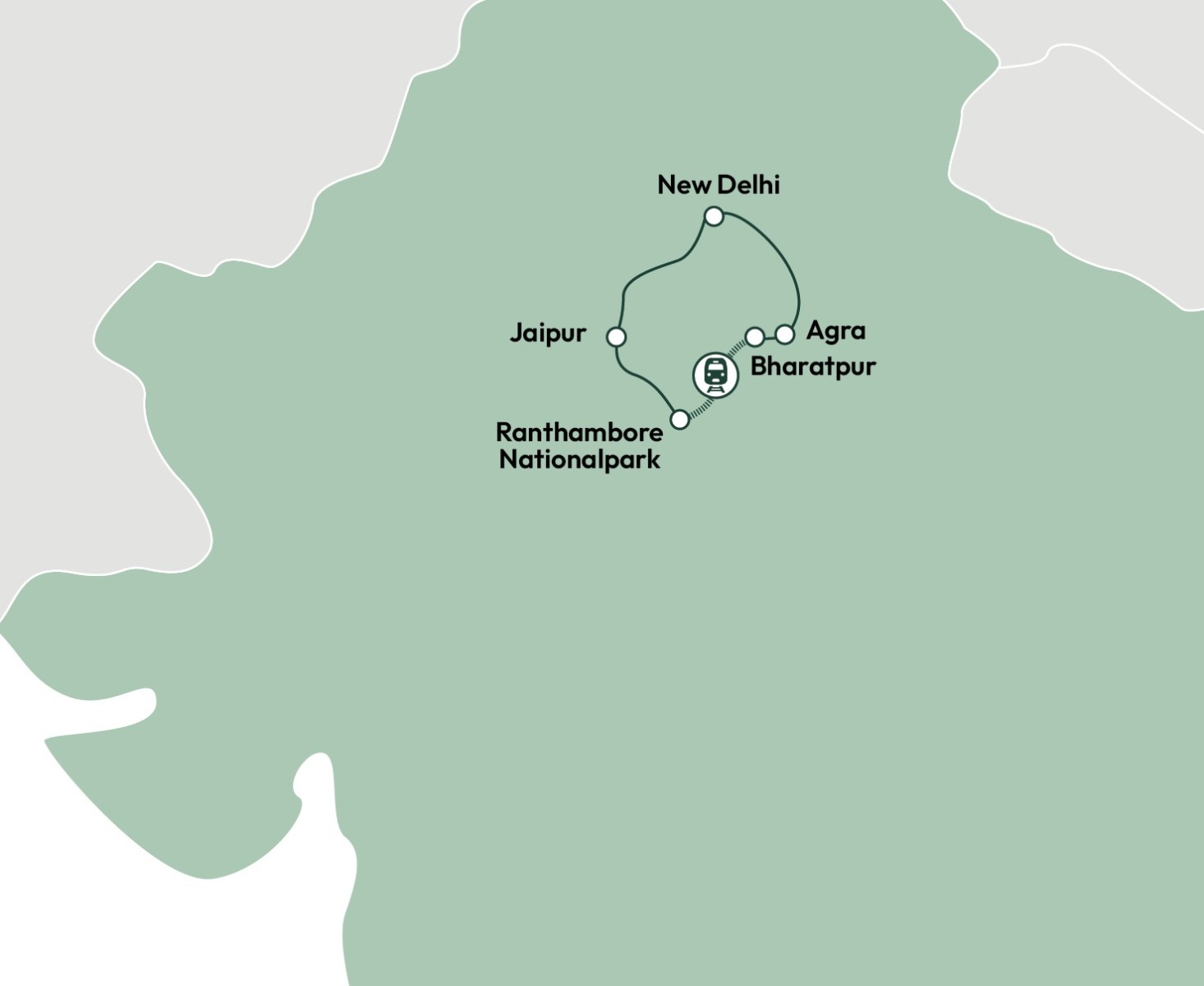 Kort over ruten på rundrejsen i Indien