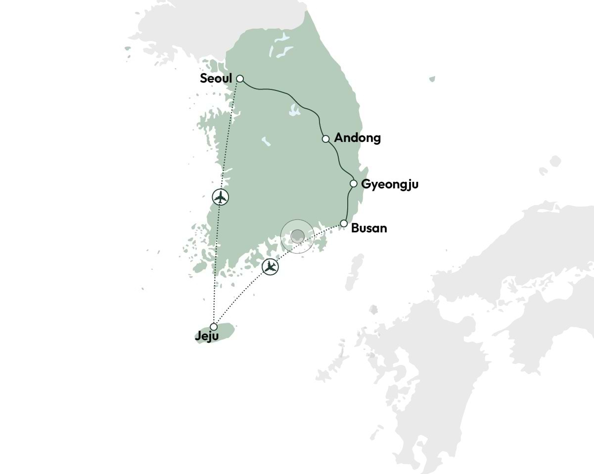 Kort over Sydkorea - kejserpaladser og vulkanøen Jeju Kort over Sydkorea - kejserpaladser og vulkanøen Jeju