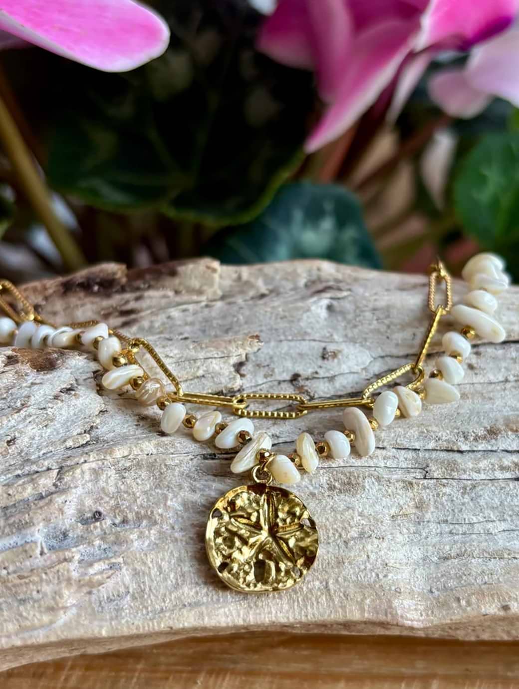 Ocean Ripples Women's 18ct Gold Plated Shell Chips Double Chain Bracelet
