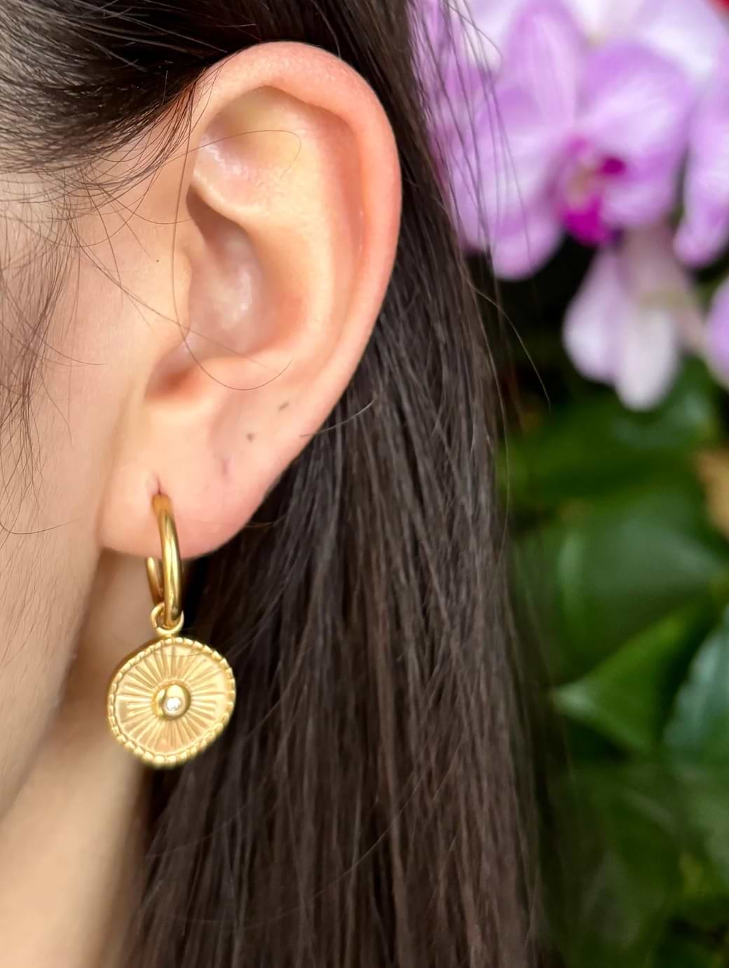 Ocean Ripples Women's 18ct Gold Plated Cubic Zirconia Sun Disc Huggie Earrings