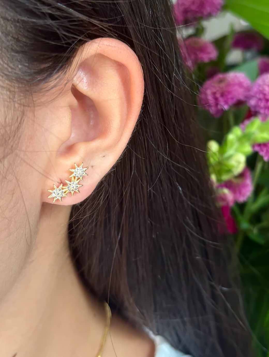 Ocean Ripples Women's 14ct Gold Plated Cubic Zirconia Triple Stars Climber Earrings