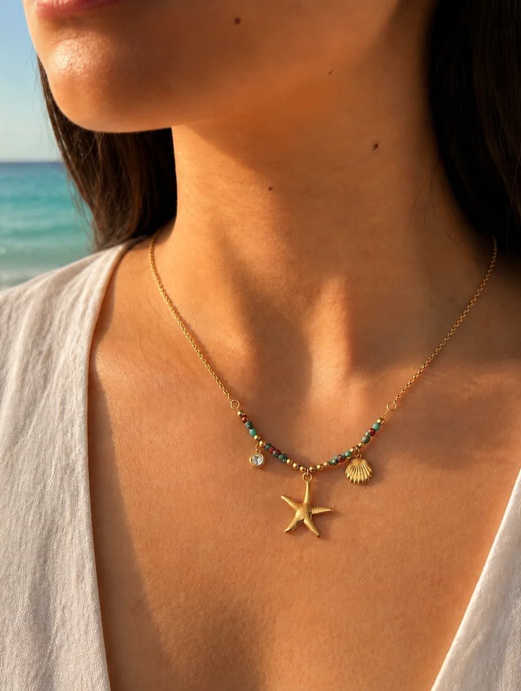 Ocean Ripples Women's Gold Plated Ocean Treasures Starfish & Shell Necklace