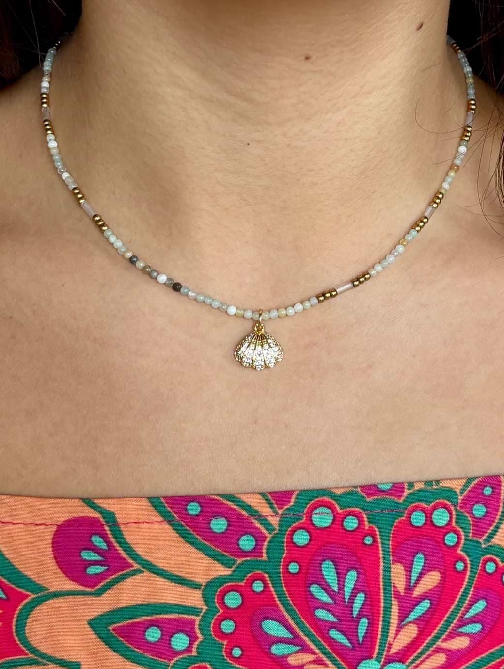 Ocean Ripples Women's 18ct Gold Plated Natural Stone Cubic Zirconia Shell Charm Necklace