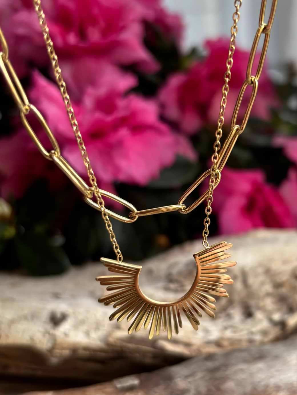 Ocean Ripples Women's 18ct Gold Plated Sunburst Pendant Double Chain Necklace