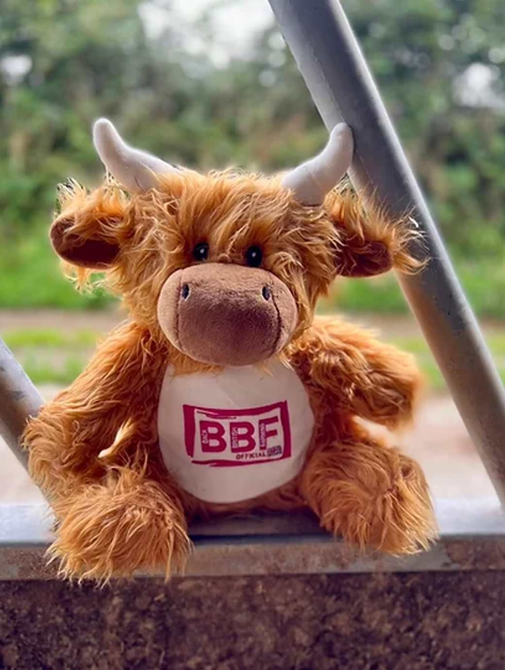 Back British Farming Plush Teddy Highland Cow Pink Logo