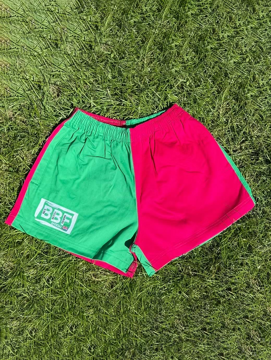 Back British Farming Unisex Contrast Shorts Kelly Green/Pink